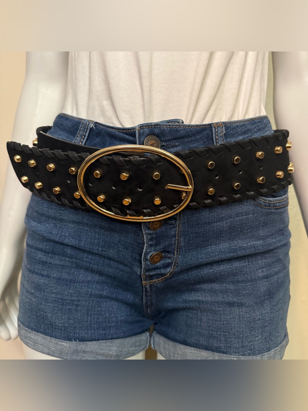 Black PU studded suede leather with gold tone oval buckle